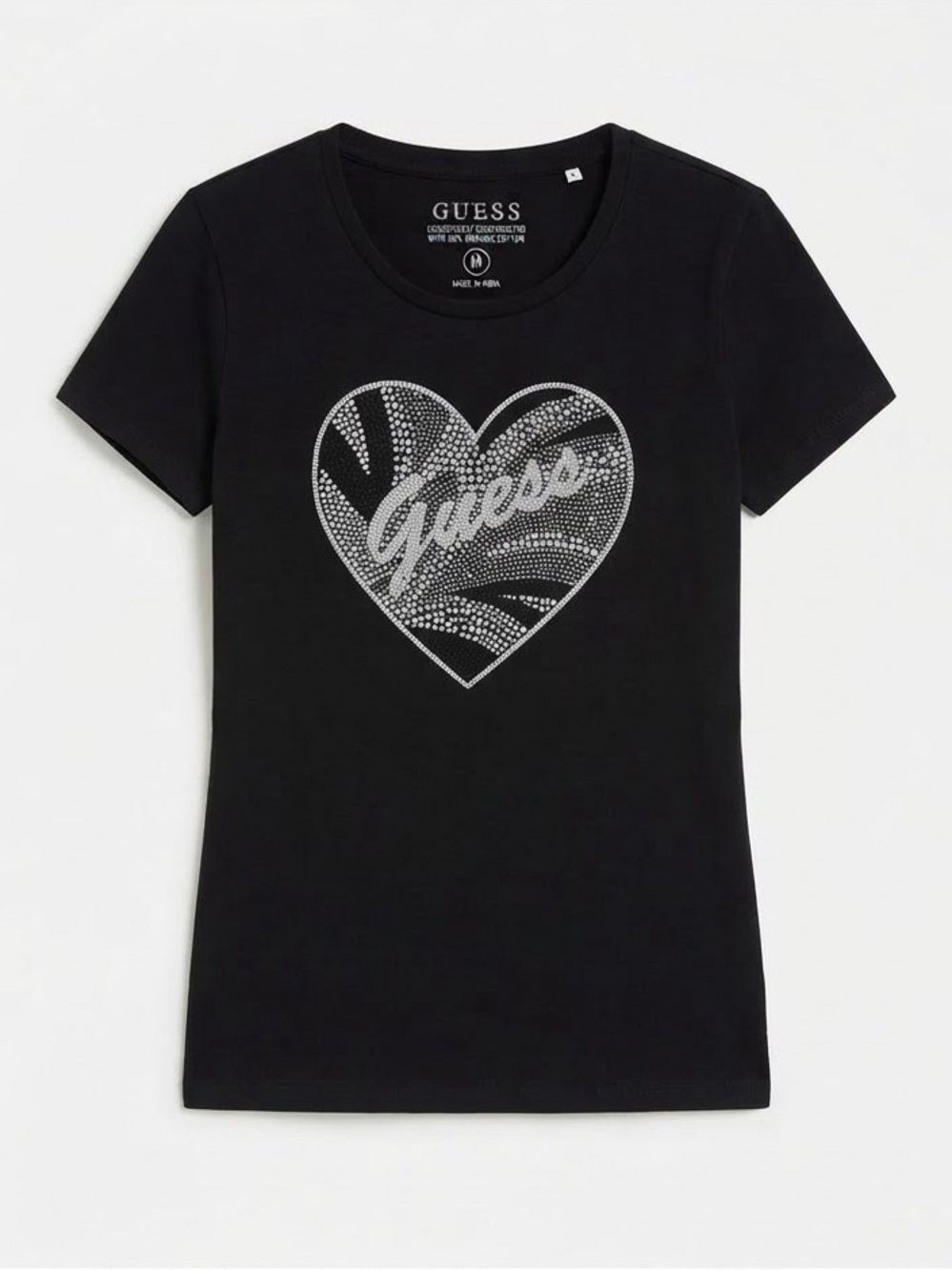GUESS Slim Fit Rhinestone Heart Tee Black Size Medium